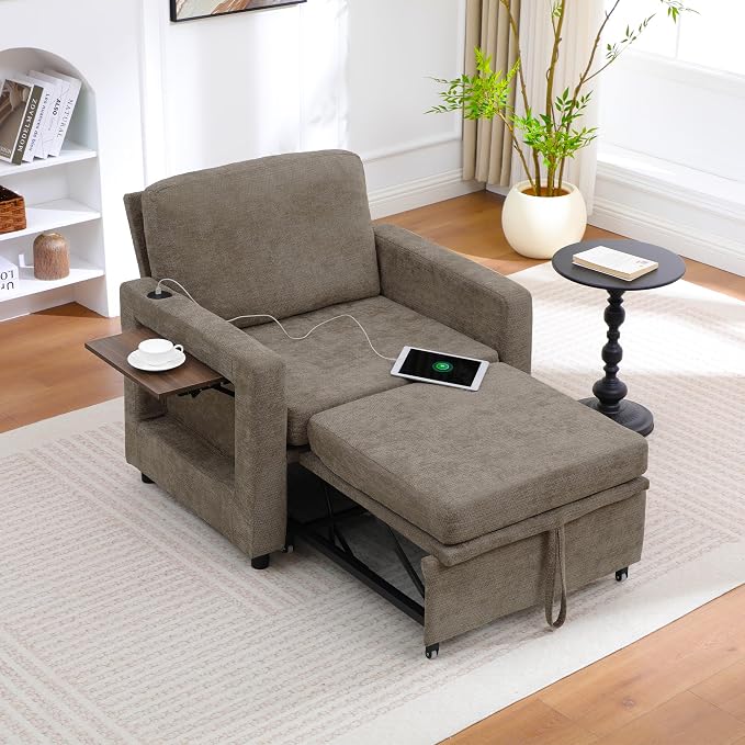3 in 1 Folding Convertible Sleeper Sofa Bed Pull Out Couch with Side Pockets USB Port Side Table Single Sofa Bed with Adjustable Backrest for Living Room Bedroom 66" Darkbrown 1 SEAT