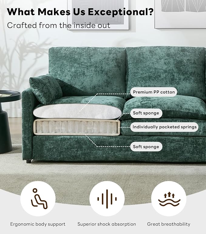 Iroomy 83" Cloud Couch, Chenille Modern Sofa 3 Seater, Comfy Plush Thick Cushions, Pocket Springs, Cloud-Like Comfort Sofas for Small Living Room Apartment, Green