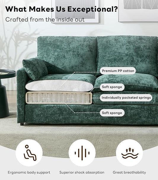 Iroomy Loveseat & 3 Seater, Chenille Cloud Couch, Modern Sofa, Comfy Plush Thick Cushions, Pocket Springs, Cloud-Like Comfort Sofas, Living Room Furniture Sets, Green