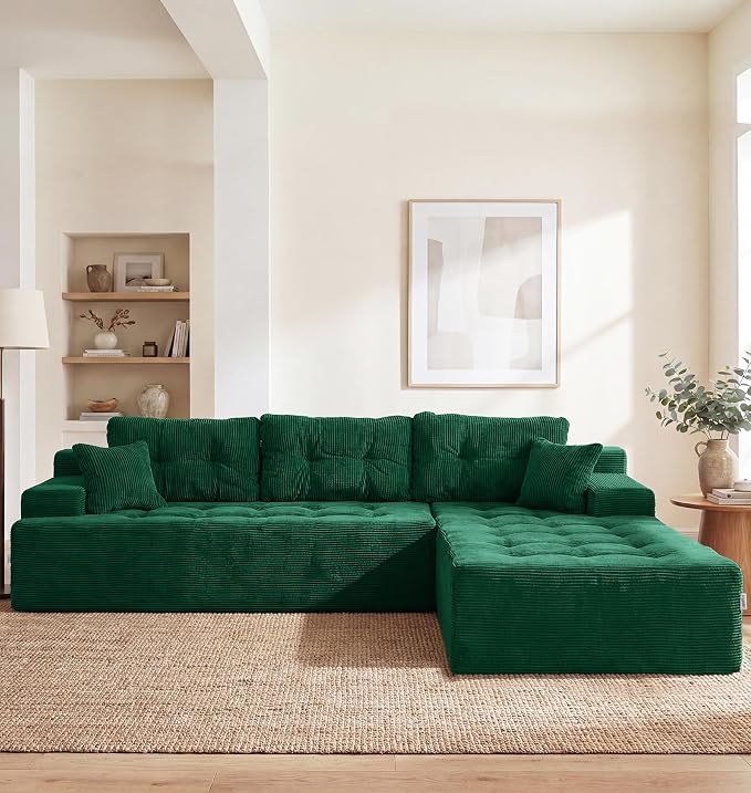 Hobestluk Modular Sectional Sofa Couches L-Shape Couch 3 Seat Modular Sofa Memory Foam Sectional Couches for Living Room, Cloud Couch (Emerald Corduroy, 108", Right Hand Facing)