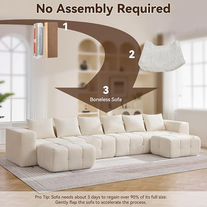 160" Boneless U-Shaped Sofa Couch with 2 Ottoman, 6 Seater Comfy Cloud Sectional Sofas with Deep Seat, Oversized Chenille Sectional Memory Foam Couches for Living Room Bedroom, Tufted Sofa, Beige