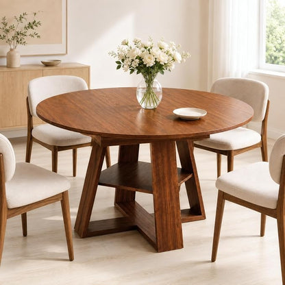 ClinQ 43-59in Extendable Round Dining Table for 4-6, Round to Oval Dining Room Table with Removable Leaves, Space Saving Dinner Table with Storage Shelf, Walnut