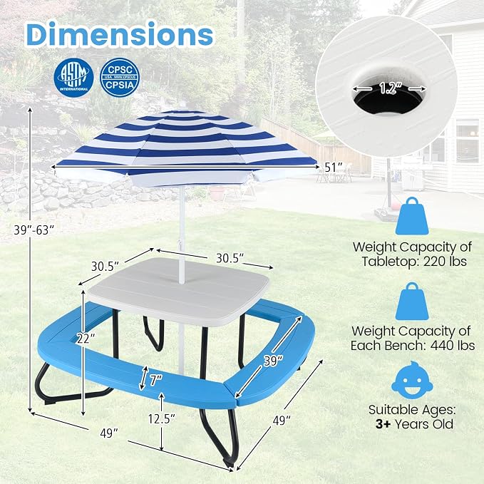 Costzon Kids Picnic Table, 8 Person Kids Outdoor Table and Chairs with Foldable & Adjustable Umbrella, 4 Built-in Benches, Toddler Outdoor Furniture for Backyard, Patio, Garden (Blue)