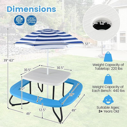 Costzon Kids Picnic Table, 8 Person Kids Outdoor Table and Chairs with Foldable & Adjustable Umbrella, 4 Built-in Benches, Toddler Outdoor Furniture for Backyard, Patio, Garden (Blue)