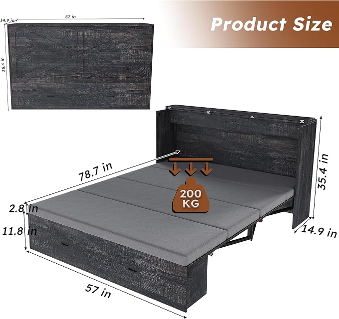 Bellemave Full Murphy Bed with Mattresses and Charging Stations and Storage Drawer, Farmhouse Murphy Cabinet Bed with Foldable Panel, Noisy Free, for Guest Bedroom, Living Room, Carbon Black