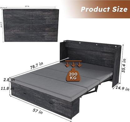 Bellemave Full Murphy Bed with Mattresses and Charging Stations and Storage Drawer, Farmhouse Murphy Cabinet Bed with Foldable Panel, Noisy Free, for Guest Bedroom, Living Room, Carbon Black