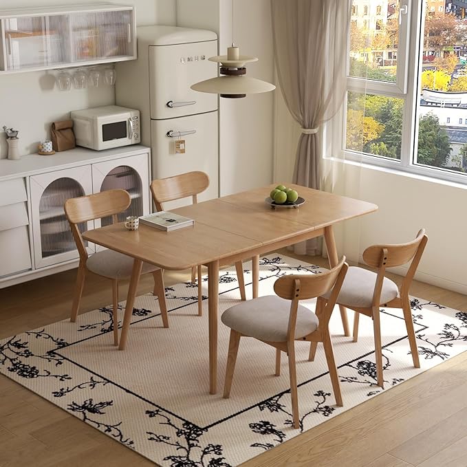 47’’-63’’ 100% Oak Extendable Dining Table and Chairs Set for 4, Solid Wood Folding Kitchen Table, Mid Century Modern Dinner Table for Kitchen, Living Room, Natural (47''-63''+4 Cushion Chairs-YA)