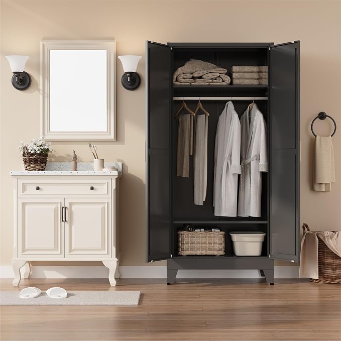 Metal armoire Wardrobe Closet with Hanging Rod,71'' Metal Wardrobe Cabinet with 2 Doors and 2 Adjustable Shelves, Bedroom armoires,Laundry Room cabinets,armario de ropa Closet