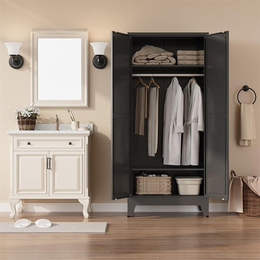 Metal armoire Wardrobe Closet with Hanging Rod,71'' Metal Wardrobe Cabinet with 2 Doors and 2 Adjustable Shelves, Bedroom armoires,Laundry Room cabinets,armario de ropa Closet