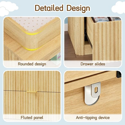 St.Mandyu Changing Dresser, 4 Large Drawers Wood Baby Nursery Dresser with Raised and Detachable Changing Table Top, Fluted Chest with Gold Handles, Large Storage Organizer for Nursery Room,Natural
