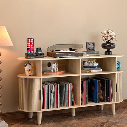 LUVIOHOME Large Round Record Player Stand with Charging Station & USB Ports，Record Storage Cabinet, Mid Century Modern Turntable Stand for Bedroom Living Room (Oak)