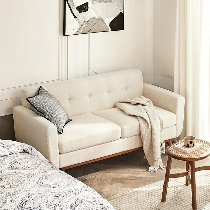 Kingfun 2 Piece Loveseat and Sofa Sets, Mid Century Modern Decor Love Seat Couches for Living Room, Button Tufted Upholstered Furniture, Easy to Install Small Couch for Bedroom, Office, Beige | linen fabric