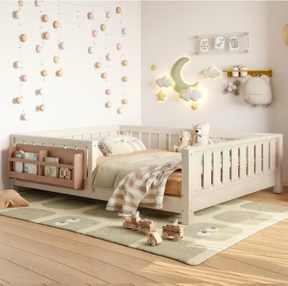 Bellemave Full Floor Bed with Slats and Rails, Full Size Montessori Floor Bed with Bookcase and Fence, Easy Assemble Montessori Beds for Girls, Boys, Beige Floor Beds