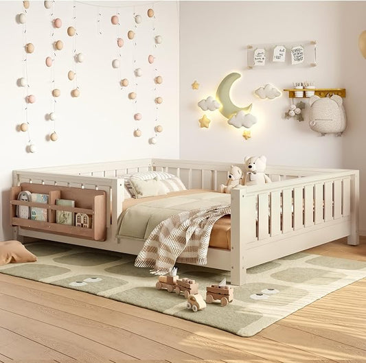Bellemave Full Floor Bed with Slats and Rails, Full Size Montessori Floor Bed with Bookcase and Fence, Easy Assemble Montessori Beds for Girls, Boys, Beige Floor Beds