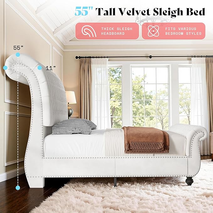 AMERLIFE 55" Tall Sleigh Bed Frame with Scroll Headboard & Footboard, Velvet Upholstered Platform Bed with Deep Button Tufted, Solid Wood Legs, No Box Spring Needed, White, California King