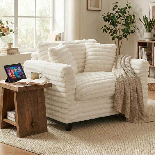 ERYE 46.9" Corduroy Upholstered Accent Chair Wide Seat Armchair for Living Room Bedroom, Modern Cloud Cushion Armchair W/ 2 Pillows and Wooden Legs for Home Apartment Office