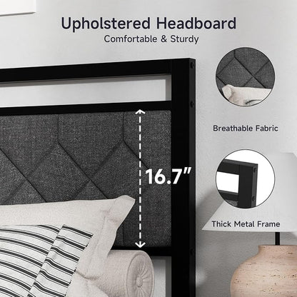 Z-hom Easy Assembly Upholstered Platform Bed Frame with Soft Padded Headboard, Modern Linen Fabric Mattress Foundation, No Box Spring Needed, Noise-Free & Sturdy Metal Support, Full Size (Grey)