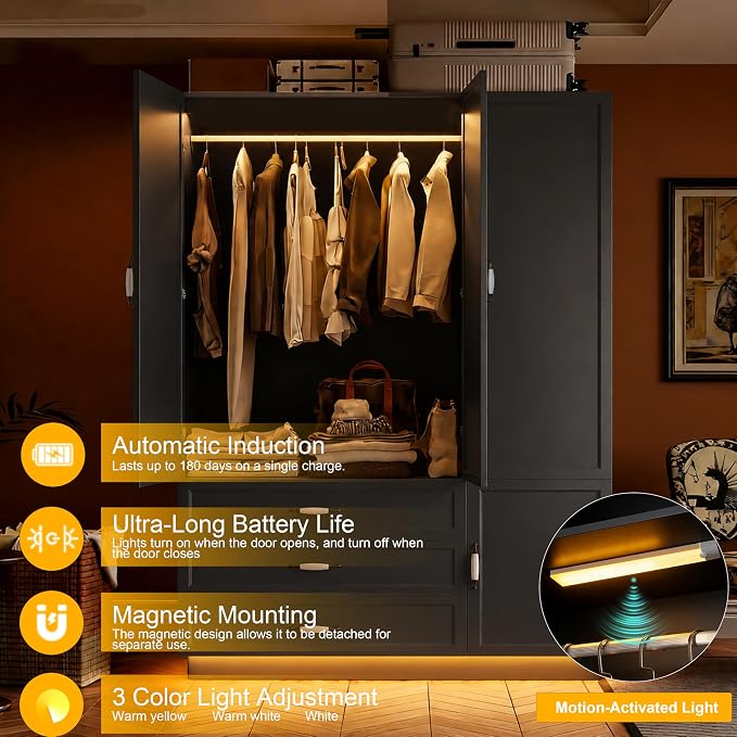 72" Armoire Wardrobe Closet with 3 Door Wooden Bedroom Armoire with LED Light 3 Drawers Large Modern Wardrobe Cabinet with Retro Ceramic Door Handles and Removable Hanging Rod Black