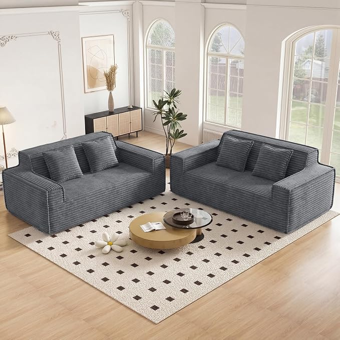 75'' Modern Cloud Loveseat Sofa Set of 2, No Assembly Required Comfy Deep Seat Couches 2 pcs for Living Room, Bedroom, Apartment (Corduroy-Grey)