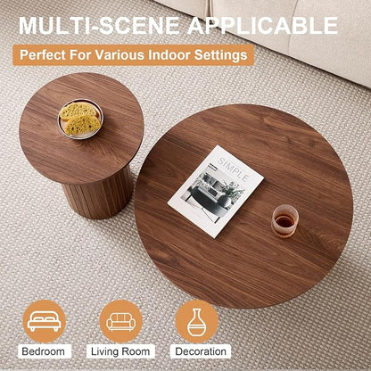 Round Nesting Coffee Tables for Living Room, Set of 2, Brown | φ27.6 + φ15.8 Boho Small Circle Side Tables, Fluted Drum Design Non-Slip Feet Minimalist Modern End Table Wood Grain Finish