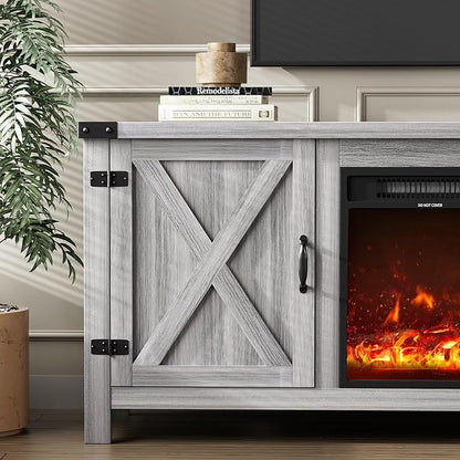 YESHOMY Fireplace TV Stand with Two Barn Doors and Storage Cabinets for Televisions up to 65+ Inch, Entertainment Center Console Table, Media Furniture for Living Room, 58 Inch, Gray