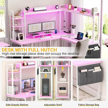 Aheaplus L Shaped Desk with Power Outlet, L Shaped Gaming Desk with Led Light & Hutch, Reversible Home Office Desk, Corner Computer Desk with Monitor Stand & Storage Shelves, Pink