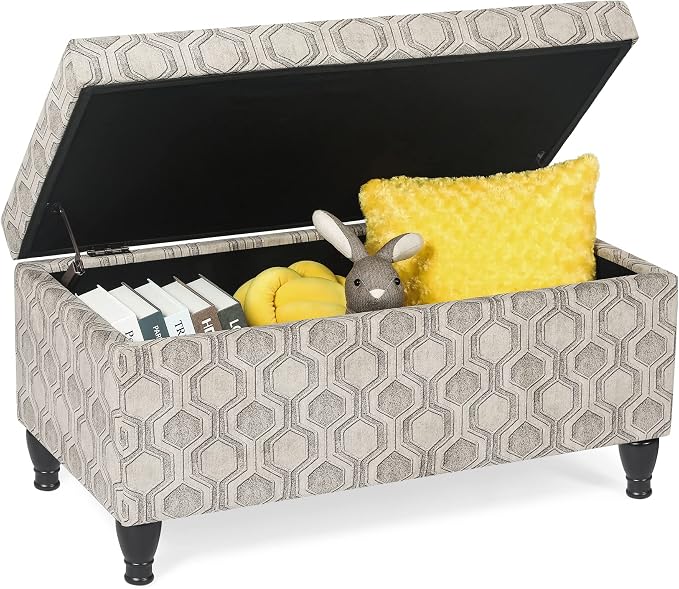 Asense Upholstered Storage Ottoman Hinged-lid Linen Bench Rectangular Footstools Accent Furniture for Bedroom Living Room Entryway, Beige & Light Grey Patterns