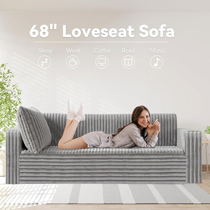 HABUTWAY 68" Loveseat Boneless Couch, 4-in-1 Convertible Sofa Bed, Plush Fur Folding Futon Sofa Bed Couches with 2 Pillows for Living Room, High-Density Foam Support, No Assembly Required, Light Grey