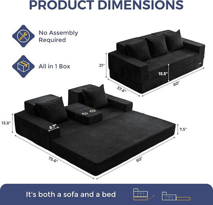 MAXYOYO Convertible Sofa Bed, 80" Oversized Boneless Loveseat Couch 4 in 1 Foldable Floor Sofa Couch in A Box with 2 Cup Holders, Folding Chair for Living Room, No Assembly Required, Black