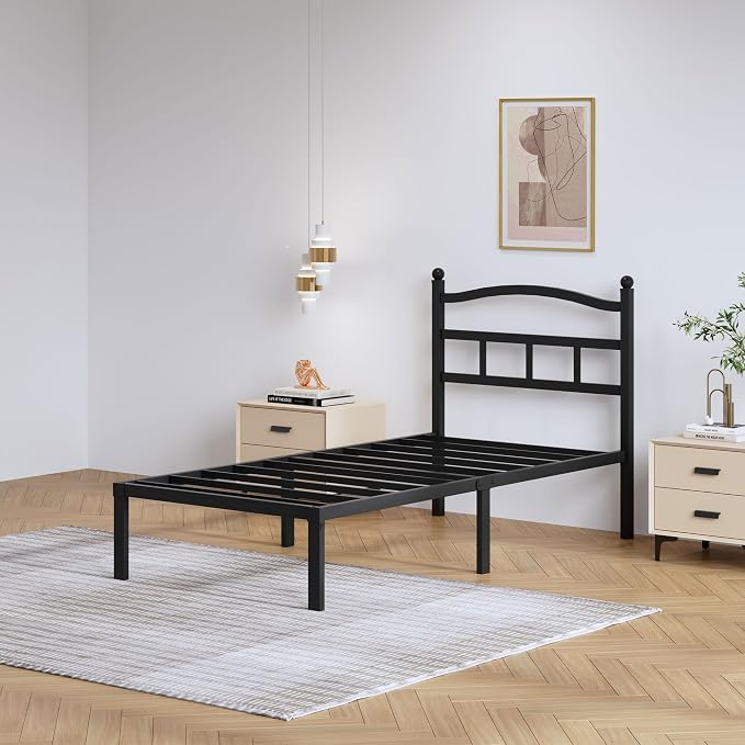 SHOANED 14 Inch Metal Bed Frame - Twin Size Heavy Duty Bedframe with Headboard Black Basic Steel Slats Platform No Box Spring Needed/Easy Assembly/Noise Free
