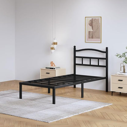 SHOANED 14 Inch Metal Bed Frame - Twin Size Heavy Duty Bedframe with Headboard Black Basic Steel Slats Platform No Box Spring Needed/Easy Assembly/Noise Free