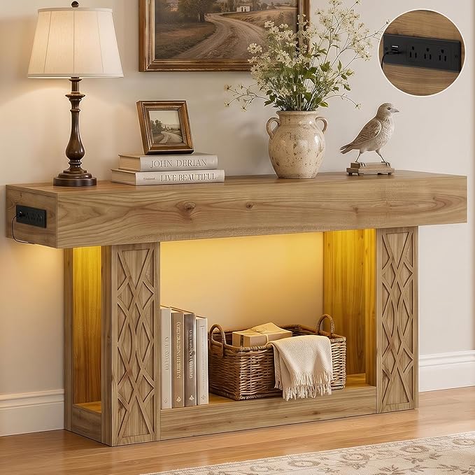 Unikito 63" Console Table with Outlets & LED Lights, Farmhouse Entryway Table with Unique Geometric Pattern, Sofa Table Behind Couch with 2-Tier Storage for Living Room, Hallway, Foyer, Natural Oak