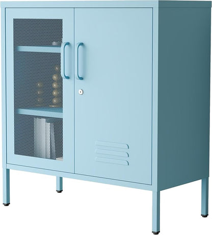 Recessed Double Adjustable Shoe Cabinet with Lock Steel Storage Cabinet for Foyer Living Room Bathroom Kitchen Blue Size：33" H x 29.5" W x 13.8" D
