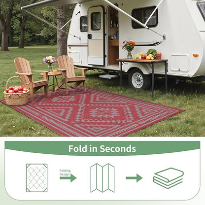 GENIMO Outdoor Rug for Patio Clearance - 6x9 ft Waterproof Plastic Camping Rugs, Reversible Outside Rv Mat Carpet for Porch, Deck, Picnic, Balcony, Beach, Backyard, Red Grey