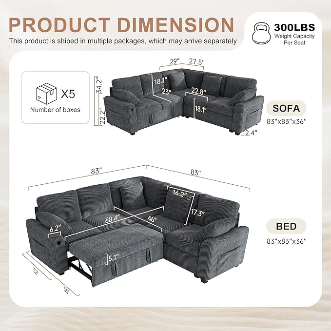 Hanherry Sectional Couch with Pull Out Sofa Bed,Corduroy Sleeper Sofa with 2 Seat Storage & USB Charging,Comfy L Shaped Modular Couches for Living Room,Apartment