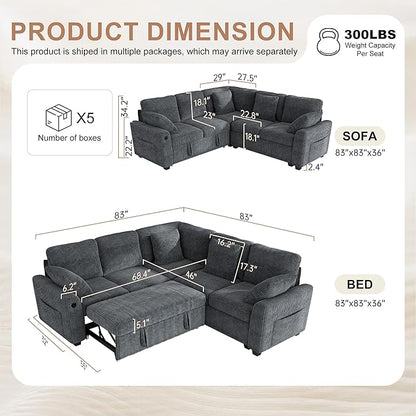 Hanherry Sectional Couch with Pull Out Sofa Bed,Corduroy Sleeper Sofa with 2 Seat Storage & USB Charging,Comfy L Shaped Modular Couches for Living Room,Apartment