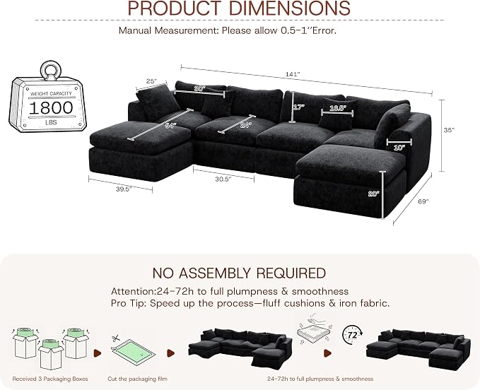 GRUSIGN 141'' Oversized Boneless Cloud Couch for Living Room, Modern Big Sectional Compressed U Shape Couch with 2 Ottoman, Comfy Chenille Deep Seat Memory Foam Spineless 6 Seater Sofa,Black