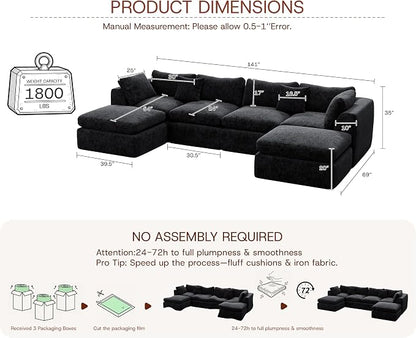 GRUSIGN 141'' Oversized Boneless Cloud Couch for Living Room, Modern Big Sectional Compressed U Shape Couch with 2 Ottoman, Comfy Chenille Deep Seat Memory Foam Spineless 6 Seater Sofa,Black