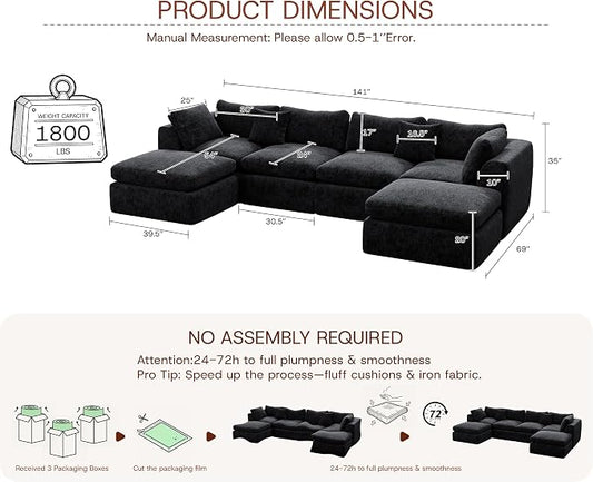GRUSIGN 141'' Oversized Boneless Cloud Couch for Living Room, Modern Big Sectional Compressed U Shape Couch with 2 Ottoman, Comfy Chenille Deep Seat Memory Foam Spineless 6 Seater Sofa,Black