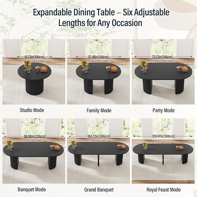 weselon 42"-120" Extendable Dining Table for 4-14, Expandable Oval Dining Room Table with Fluted Pedestal Base & Reinforced Metal Support Leg, Extra Large Modern Kitchen Table (Black)