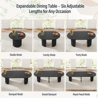 weselon 42"-120" Extendable Dining Table for 4-14, Expandable Oval Dining Room Table with Fluted Pedestal Base & Reinforced Metal Support Leg, Extra Large Modern Kitchen Table (Black)