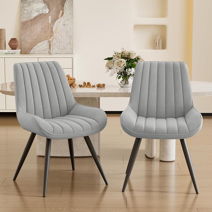 Dining Chairs Set of 6, Mid Century Modern Kitchen Chairs with Soft Cushion, Comfortable Upholstered Fabric Dining Room Chair for Kitchen, Light Grey