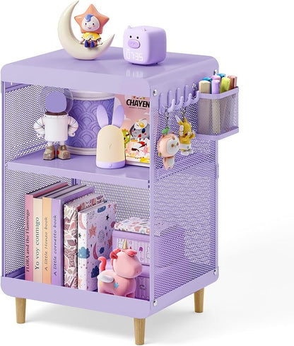 SYKIARIOL Kids Nightstand for Girls, Metal Bedside Table with 4 Hooks & Hanging Basket, 3-Tier Storage Shelf, Toddler Night Stand for Bedroom, Purple