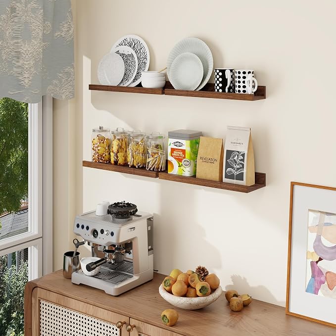 Axeman Picture Ledge Shelf | 16 Inch Walnut Floating Shelves Set of 4 | Rustic Wood Wall Shelves with Lip | 16" Picture Shelves for Wall with Ledge | Walnut Photo Shelves