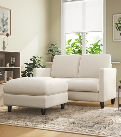 Welzona Loveseat, 51" Small L Shaped Couch, Comfy Teddy Love Seat with Ottoman Set, Tool-Free Setup Loveseat Sofa with Ottoman, All-Wood Small Sofa Couch for Bedroom, Couch for Living Room, Beige