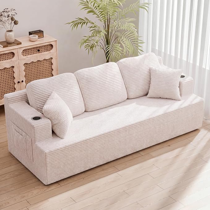 Homall 87” Boneless Sofa Couch with 2 Pillows Extra Deep Seats, Corduroy Fabric 3 Seater with Cup Holder & Storage Pocket Upholstered Floor Easy Installation (White, 3 Seater)
