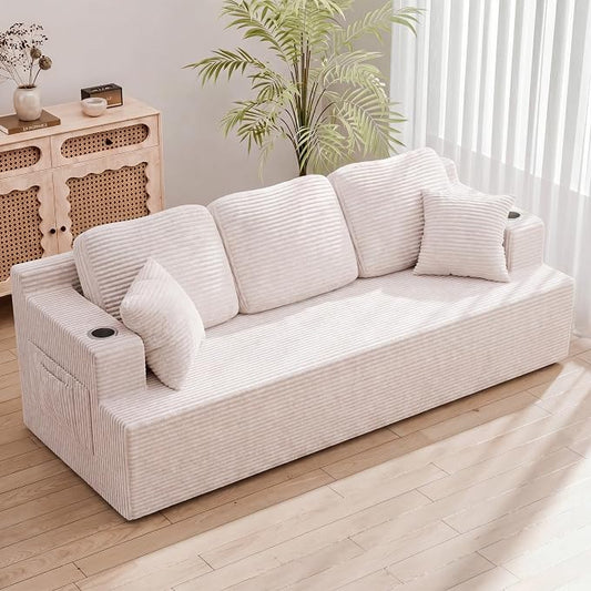 Homall 87” Boneless Sofa Couch with 2 Pillows Extra Deep Seats, Corduroy Fabric 3 Seater with Cup Holder & Storage Pocket Upholstered Floor Easy Installation (White, 3 Seater)
