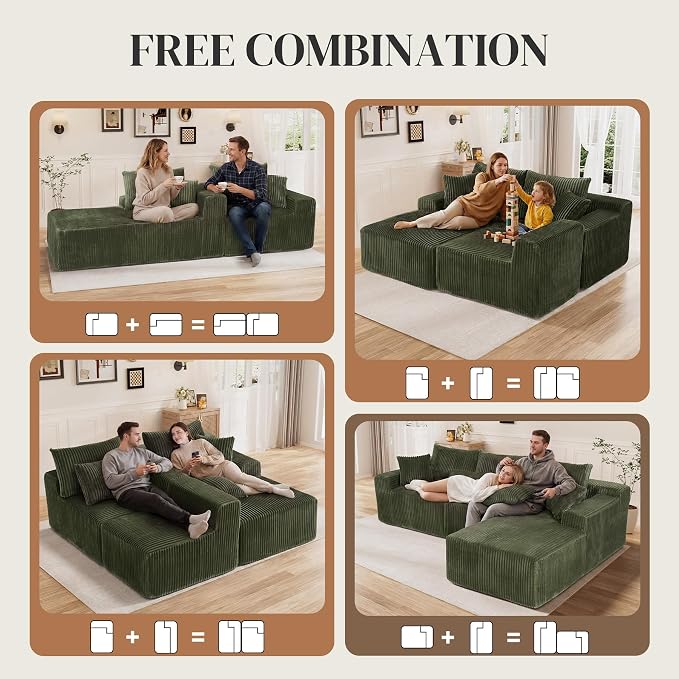 110" L Shaped Cloud Boneless Sectional Couches for Living Room, Modern Comfy Modular Deep Seat Memory Foam Compressed Corduroy Sofa Oversized Right Facing Chaise, No Assembly Required, Green