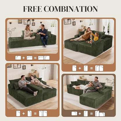110" L Shaped Cloud Boneless Sectional Couches for Living Room, Modern Comfy Modular Deep Seat Memory Foam Compressed Corduroy Sofa Oversized Right Facing Chaise, No Assembly Required, Green