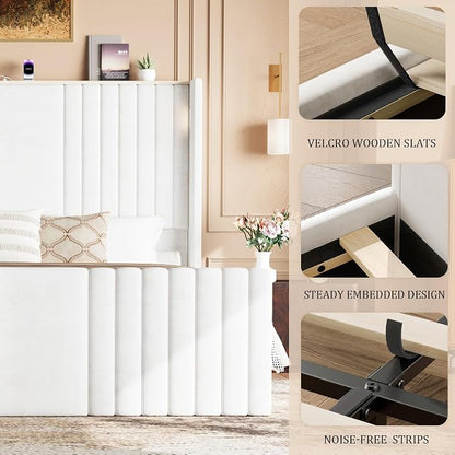 King Size Bed Frame with 55.1" Tall Headboard, Velvet Upholstered Platform Bed with Channel Tufted Wingback, 2 Reading Lights/Storage Shelf/Charging Station/Easy Assembly/Noise-Free, Cream